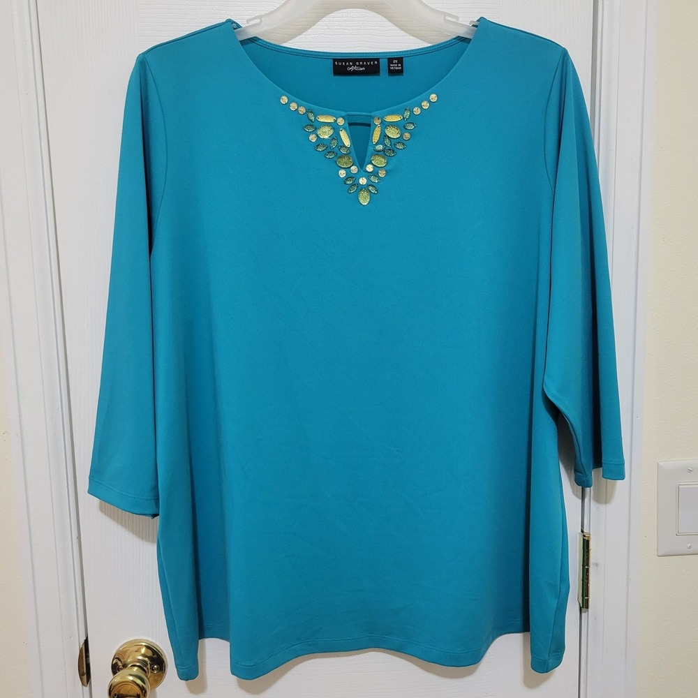 Susan Graver Artisan Teal Blue Embellished Keyhole Neck 3/4 Sleeve Top 2X